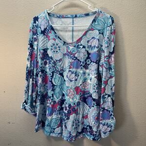 Talbots Sz L Petite Top Boho Floral Scoop Neck Long Sleeve Roll Tab Bamboo Blend